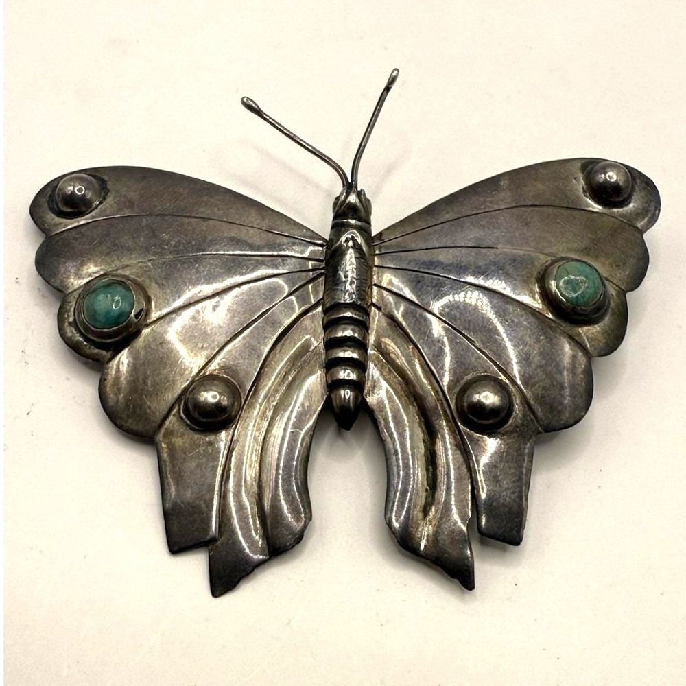 Vintage Signed Mexico Sterling Silver Turquoise Butterfly Brooch Pin